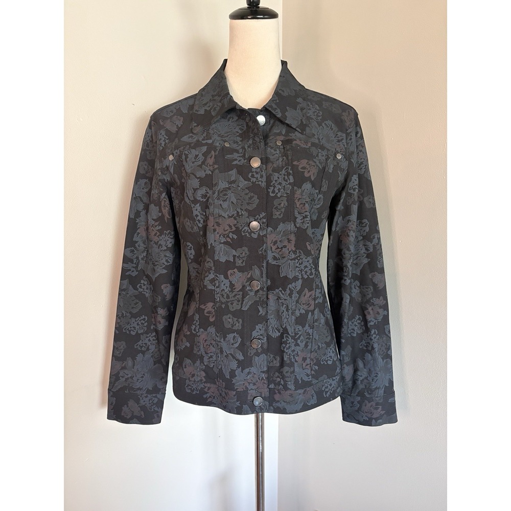 VTG Simon Chang Denim Jacket Medium Grey Floral Jacquard Button Up Y2K 10